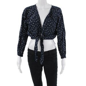Muze Womens Spotted Long Sleeves Wrap Blouse Navy Blue Size Small